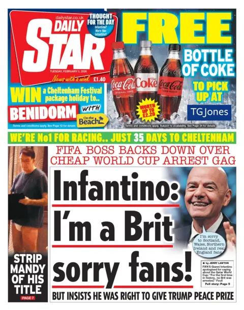 "Infantino: I'm a Brit sorry fans! But insists he was right to give Trump peace prize" reads the headline on the front page of the Daily Star.