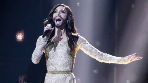 EPA Conchita Wurst representing Austria performs during the Second Semi-Final of the 59th annual Eurovision Song Contest at the BandW Hallerne in Copenhagen, Denmark, 08 May 2014