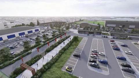 Hull Kingston Rovers Artist impression of the retail park with a car park in the foreground and the fanwalk path in the middle. There are rows of parking bays with cars parked in them on grey tarmac. Green bushes line pedestrian walkways and there are large buildings around the side with a rugby pitch in the distance.