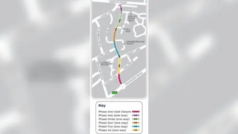 SGN A chart showing the length of the road and the different closures highlighted in different colors.