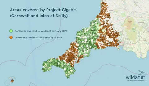 Wildanet Map of the Project Gigabit contracts across Cornwall