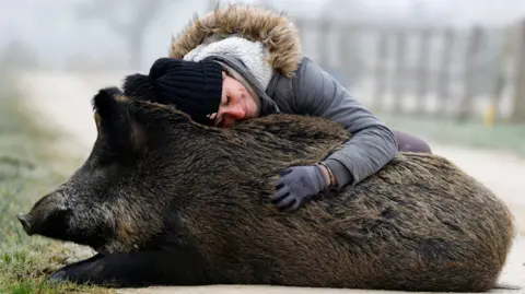 Reuters Elodie Kabi hugs "Relate"a wild boar I rescued when he was a piglet in 2023, sitting on the ground