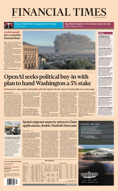 "OpenAI seeks political buy-in with plan to hand Washington a 5% stake" reads the headline on the front page of the Financial Times.