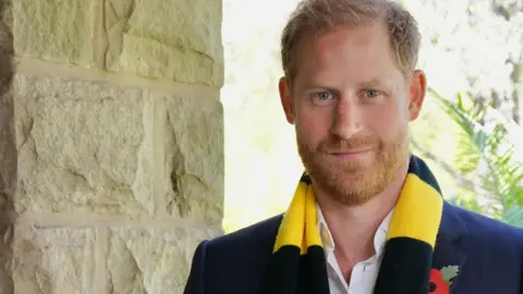 Prince Harry wearing a yellow and black scarf and a blue suit jacket. He has a red poppy on his lapel. He is also wearing a white shirt, open at the neck, and looking straight at the camera and smiling. He is standing next to a brick wall. There is foliage behind him. 