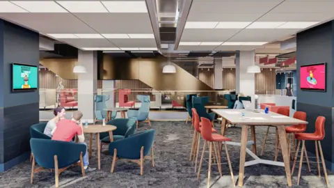 University of Gloucestershire An artist's impression of students studying in a study space at the new University of Gloucestershire campus