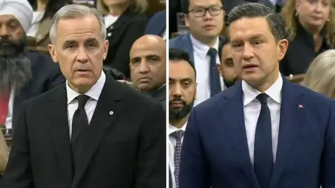 Splitscreen. Left, Carney. Right, Polievre