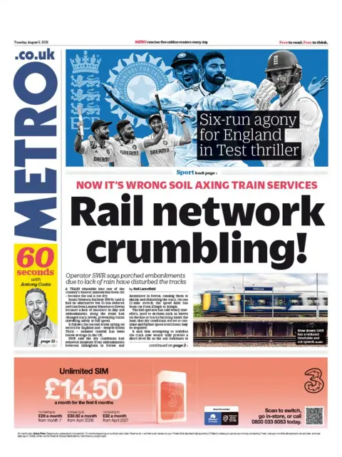 The headline on the front page of the Metro reads: "Rail network is crumbling!"