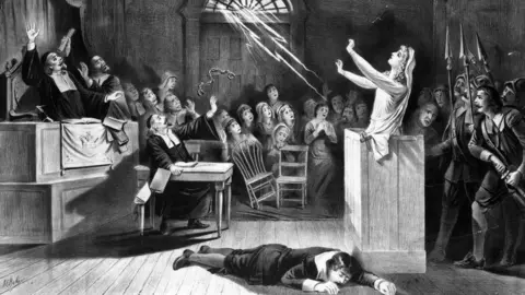 Getty Images 1692, A young woman accused of witchcraft by Puritan ministers appeals to Satan to save her.