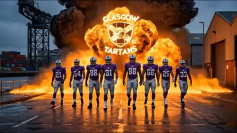 A still from an AI generated video featuring the Glasgow Tartans - an American football team playing in purple and white, walking past the River Clyde as explosions go off. 