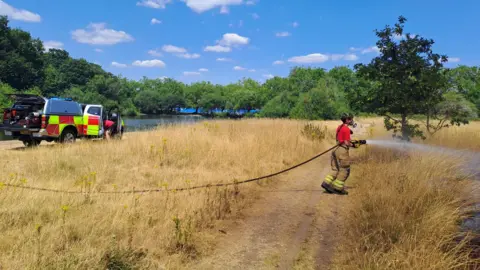 A firefighter sprays water from a hose on dry grass in Wanstead Flats.