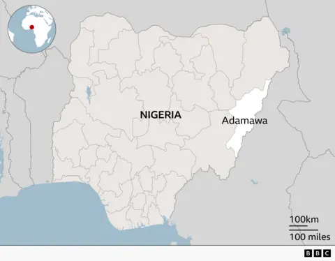 Map of Nigeria showing state boundaries, with Adamawa state highlighted in white in the eastern part of the country along the border with Cameroon. An inset globe locates Nigeria within West Africa, and a scale bar shows distance in kilometres and miles.