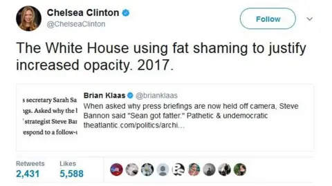 Twitter Chelsea Clinton tweets: "The White House using fat shaming to justify increased opacity. 2017."