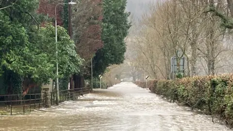 Flooded road at Llanrwst in January 2021