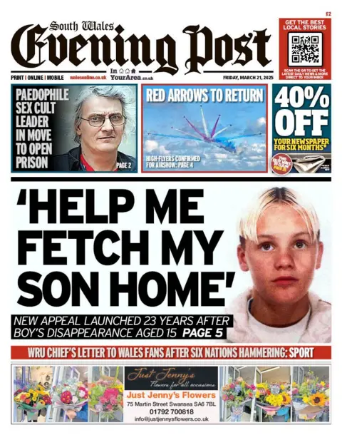 South Wales Evening Post South Wales Evening Post front page with a picture of a young man with blond hair and the headline: "'Help me fetch my son home' 