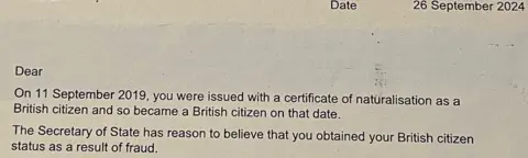 Home Office A section of the letter from the Home Office to Amika Brown saying they believe she obtained her British citizenship fraudulently.