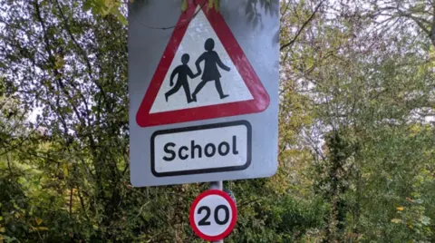 A school road sign that depicts two people within a red triangle and includes the word School. A 20mph sign is below that and trees are in the background.