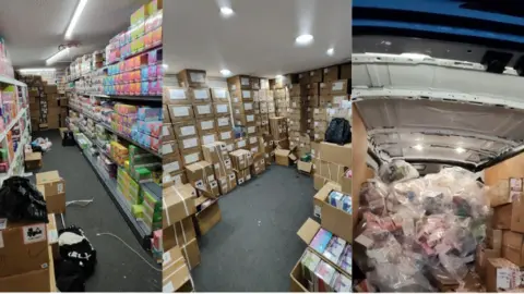 The left of the picture shows vapes stacked on shelves in a concealed room, as does the middle picture and the third picture shows the vapes being stored in a van in bags