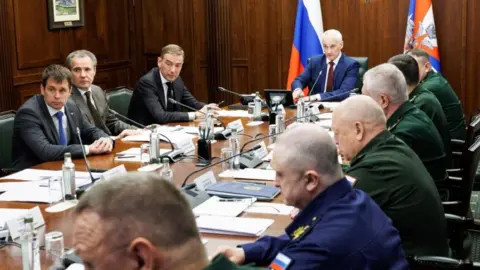 Reuters Russian Defense Minister Andrei Belousov chairs a meeting on ensuring security in regions bordering Ukraine, in Moscow