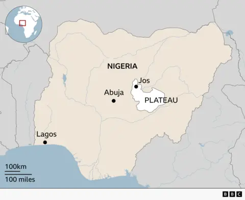 A map of Nigeria highlighting the Plateau State region in white. Major cities are marked with dots, including Lagos in the south west, Abuja near the centre, and Jos within Plateau State. A small inset globe in the top left shows Nigeria’s location in Africa.