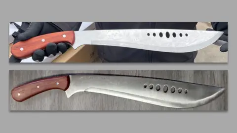 Two precise  akin  looking machete-type knives. They person  woody  handles and agelong  curved blades, each   with 7  oval holes in. The handles each   person  3  metallic  rivets. 