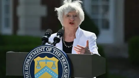 Getty Images US Treasury Secretary Janet Yellen giving her speech at the G7 Finance Ministers' meeting in London on Saturday