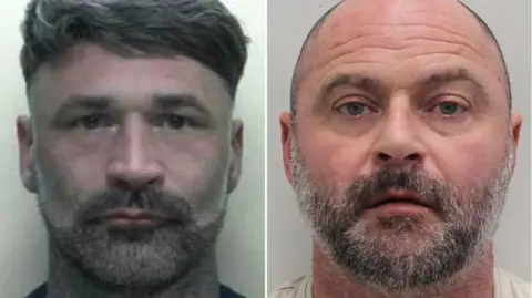 Police mug shots of Scott Johnston and Michael May. Both men have black and grey beards, Johnston has black hair, while May is predominantly bald.