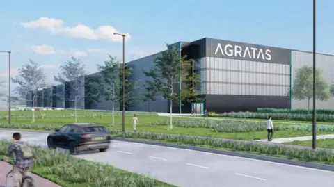 Agratas Artist's illustration depicting the Grey and black, multi-storied Agratas building with a small greenspace next to it. A road and cycle path follow along side the green space