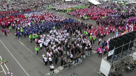 Aerial shot of the 2023 Island Games opening ceremony in Guernsey