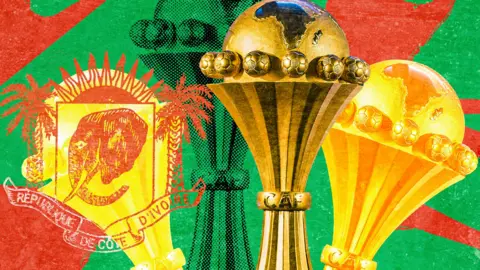 A colourful red and green composite image showing outlines of three Afcon trophies combined with a stamp of an official-looking seal containing an elephant head inside its centre