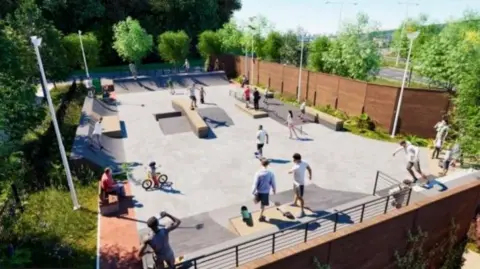 An artist's impression of the skatepark with people on skateboards and a young child on a bike in an area with ramps, surrounded by walls and trees.