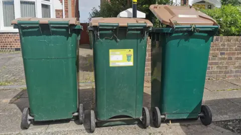 Three green wheelie bins on a residential street. Houses are in the background of the photo. 