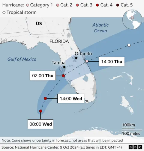 Annotated BBC map tracking path of Hurricane Milton towards Florida. In the graphic, it shows the hurricane moving from the Gulf of Mexico towards the direction of Florida, passing over Tampa after 2:00 on Thursday and Orlando before 14:00 on the same day.