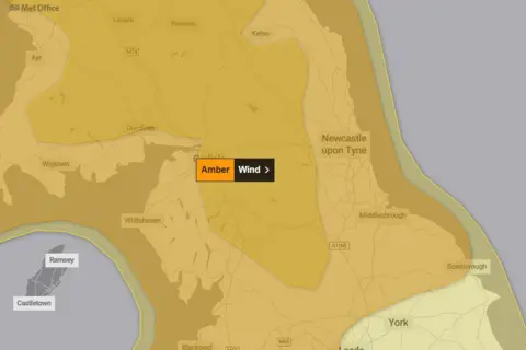 Met Office A map with an amber weather warning for wind over the whole of the North East and Cumbria