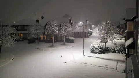 An property  successful  the nighttime  clip  illuminated by streetlights. Snow covers everything. 