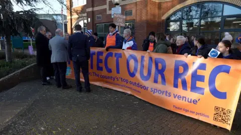 BBC Protesters outside a meeting of Somerset Council last week