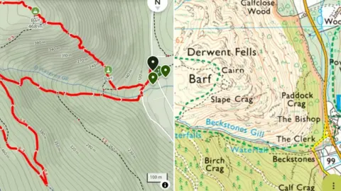 KMRT/AllTrails/Ordnance Survey Screen grabs, on the left is AllTrails showing a red route going right up the face of Barf, on the right an OS map showing there is no path that way