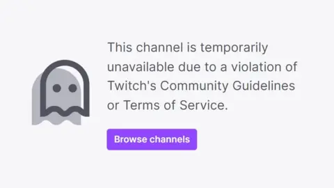 Twitch An error message reading: This channel is temporarily unavailable due to a violation of Twitch's Community Guidelines