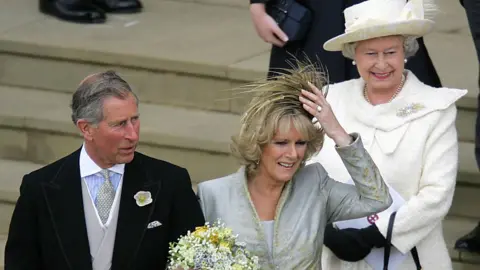 Getty Images Prince Charles and the Duchess of Cornwall, formerly Camilla Parker Bowles, are followed by Queen Elizabeth II after the blessing ceremony at the St George's Chapel at Windsor Castle 09 April 2005. Prince Charles and his longtime sweetheart Camilla Parker Bowles married today after two months of muddled preparations and a lifetime of waiting.