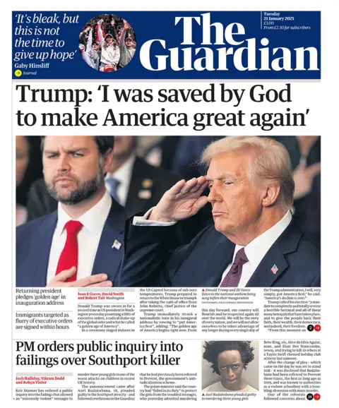 The headline in the Guardian reads: "Trump: 'God saved me to make America great again'", 