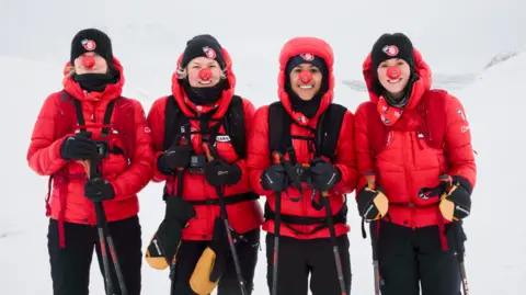 Brodie Hood/Comic Relief Laura Whitmore, Sara Davies, Alex Scott and Vicky Pattison completing the 'Snow Going Back' challenge