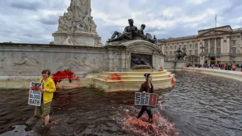 Getty "A royal blood bath", reads posters held up by the Animal Rebellion protesters while standing in the dyed water of the fountain.