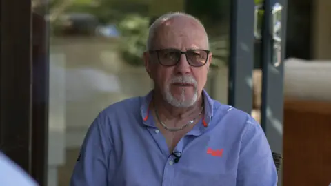 Colin Parry wears a blue shirt, silver chain and sunglasses. He has short grey hair and a short beard