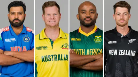 A split graphic of India captain Rohit Sharma, Australia's Steve Smith, South Africa's Temba Bavuma and New Zealand's Mitchell Santner