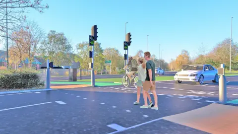 Hull City Council An illustration showing one person on a cycle and another two people crossing at a pedestrian and cycling crossing. There are traffic signals. Trees, grass and a bush surround the road. There are cycle lanes. There is a car parked waiting for the people to cross.