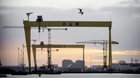 PA Media Harland and Wolff cranes with a pale sunrise sky in the background. A bird is flying at the top of the photo and buildings can be seen far behind the cranes.