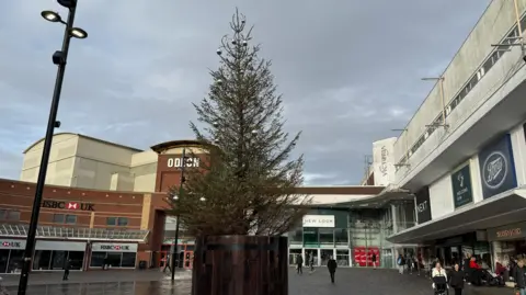 Steve Hubbard/BBC A Christmas tree in Southend high street. Around its base are vertical wooden planks which resemble a barrel and are taller than a person. The tree is very tall but does not have much greenery or decorations. Many of its branches are bare