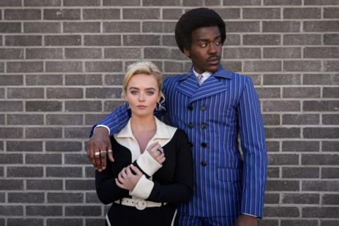 Head and shoulders image of Millie Gibson in a black and white dress and Ncuti Gatwa in a blue pinstripe suit