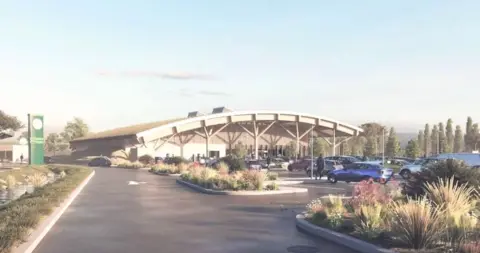 An AI-generated image of the new M4 service station site near Swindon with cars parked in a car park and a figure walking, illustrated with plants and trees in the background.