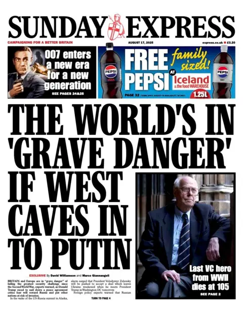 The headline on the front page of the Sunday Express reads: "The world's in 'grave danger' if West caves in to Putin".