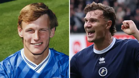 A split image. From left, Teddy Sheringham poses for a picture in a Millwall top, and right, current Millwall captain Jake Cooper celebrates after scoring a goal